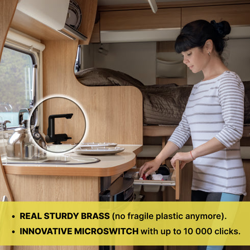 Bazpo 12V Water Faucet with Microswitch | RV Kitchen Faucet Solid Brass (5 BAR) - Black