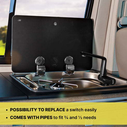 Bazpo 12V Water Faucet with Microswitch | RV Kitchen Faucet Solid Brass (5 BAR) - Black