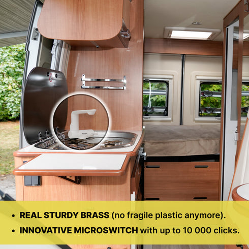 Bazpo 12V Water Faucet with Microswitch | RV Kitchen Faucet Solid Brass (5 BAR) - White