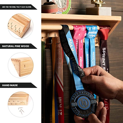 BAZPO Pine Wood Medal Hanger Display with Shelf