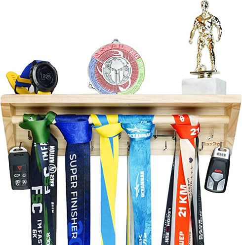 BAZPO Pine Wood Medal Hanger Display with Shelf