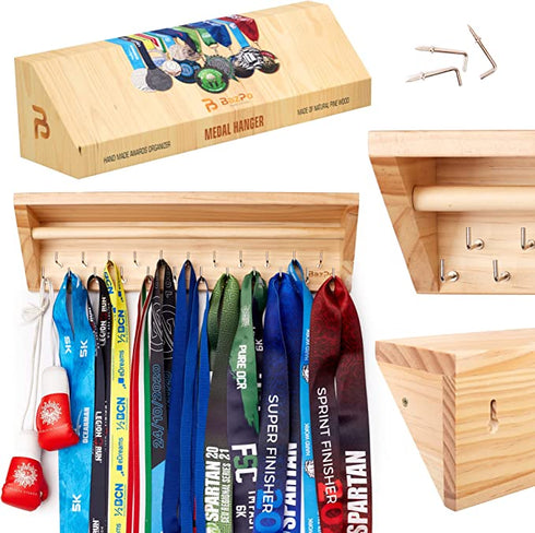 BAZPO Pine Wood Medal Hanger Display with Shelf