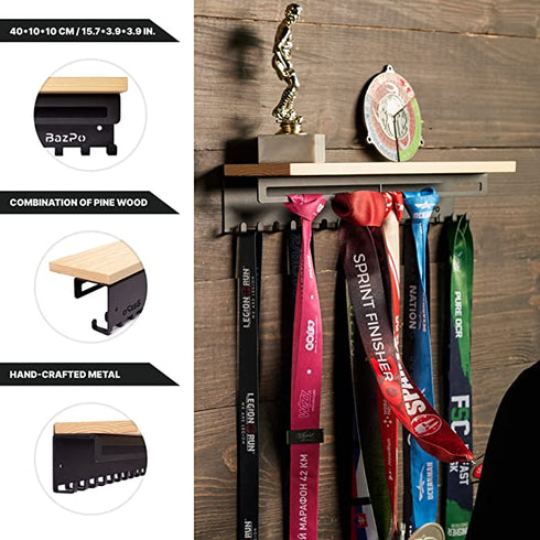 BAZPO Metal-Wood Medal Hanger Display with Shelf