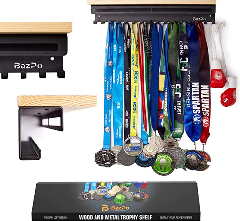 BAZPO Metal-Wood Medal Hanger Display with Shelf