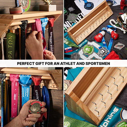 BAZPO Pine Wood Medal Hanger Display with Shelf